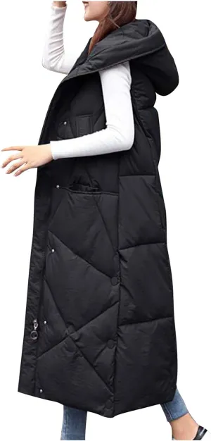 Deals of The Day Womens Quilted Puffer Vest Maxi Length Sleeveless Hooded Packable Winter Warm Thickened Down Jacket Black