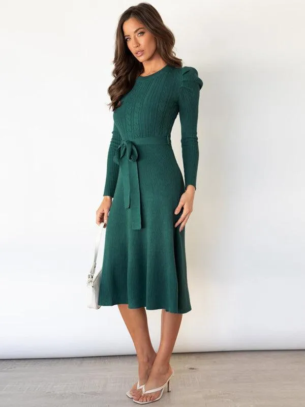 Elegant Belted Cable Knit Sweater Dress - Women's Chic Fashion