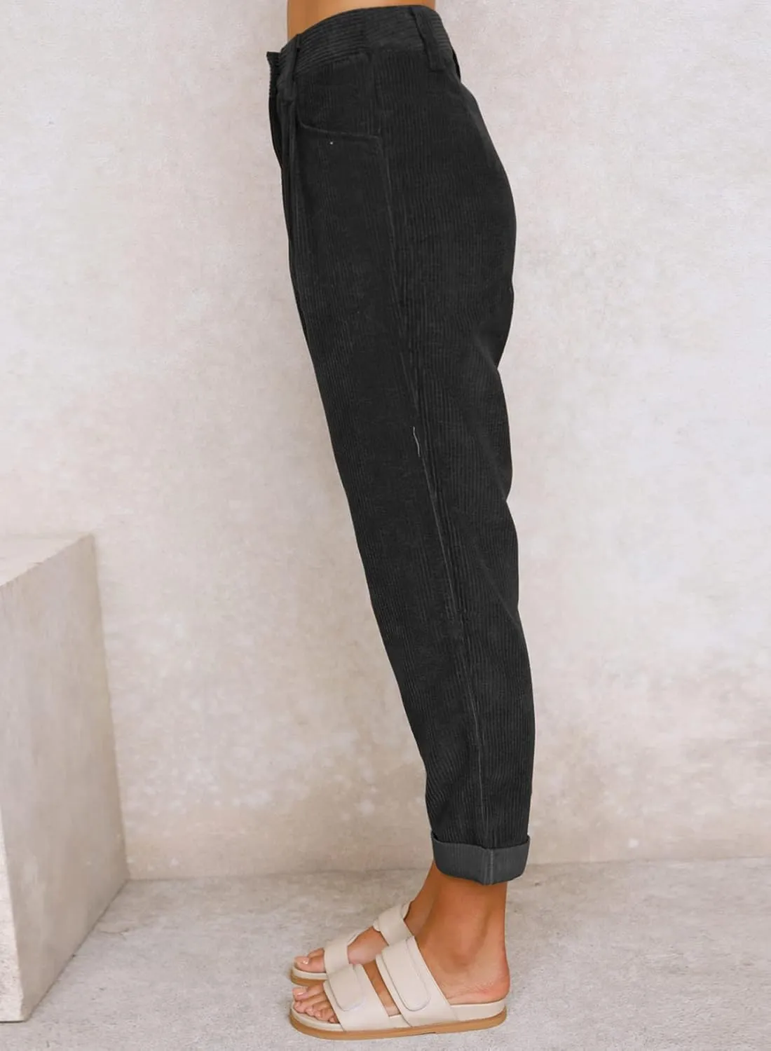 EVALESS Corduroy Pants for Women Casual High Waisted Straight Leg Pants Loose Comfy Trousers with Pockets