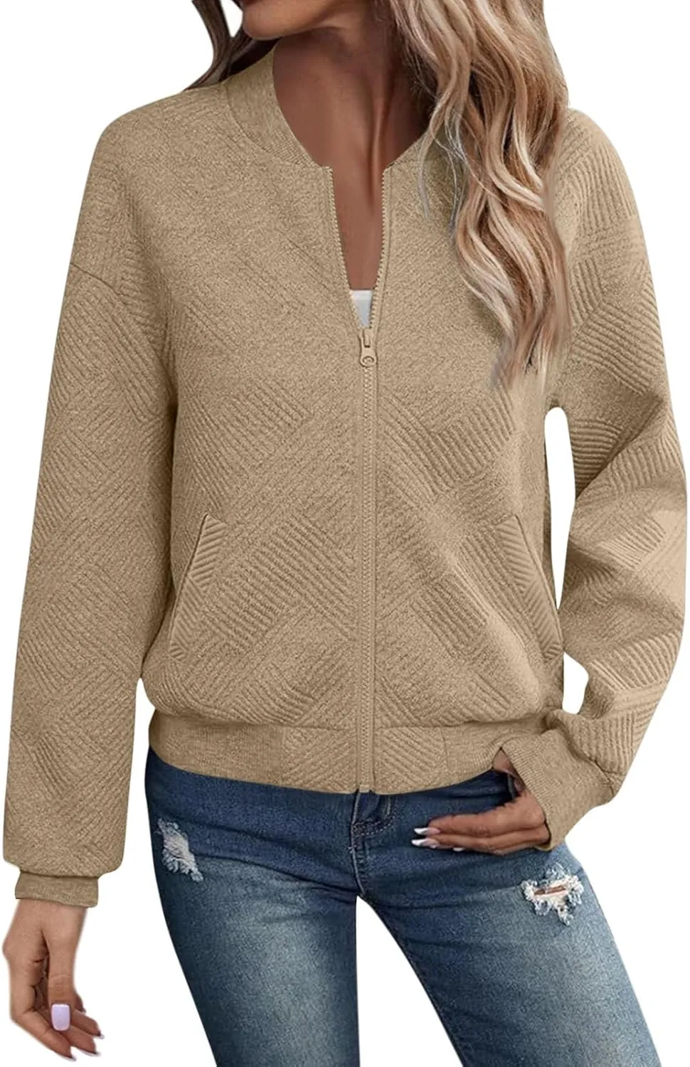Fleece Jackets for Women Lightweight Full Zip Bomber Jacket Soft Long Sleeve Zip Up Hoodies Crew Neck Sweatshirt