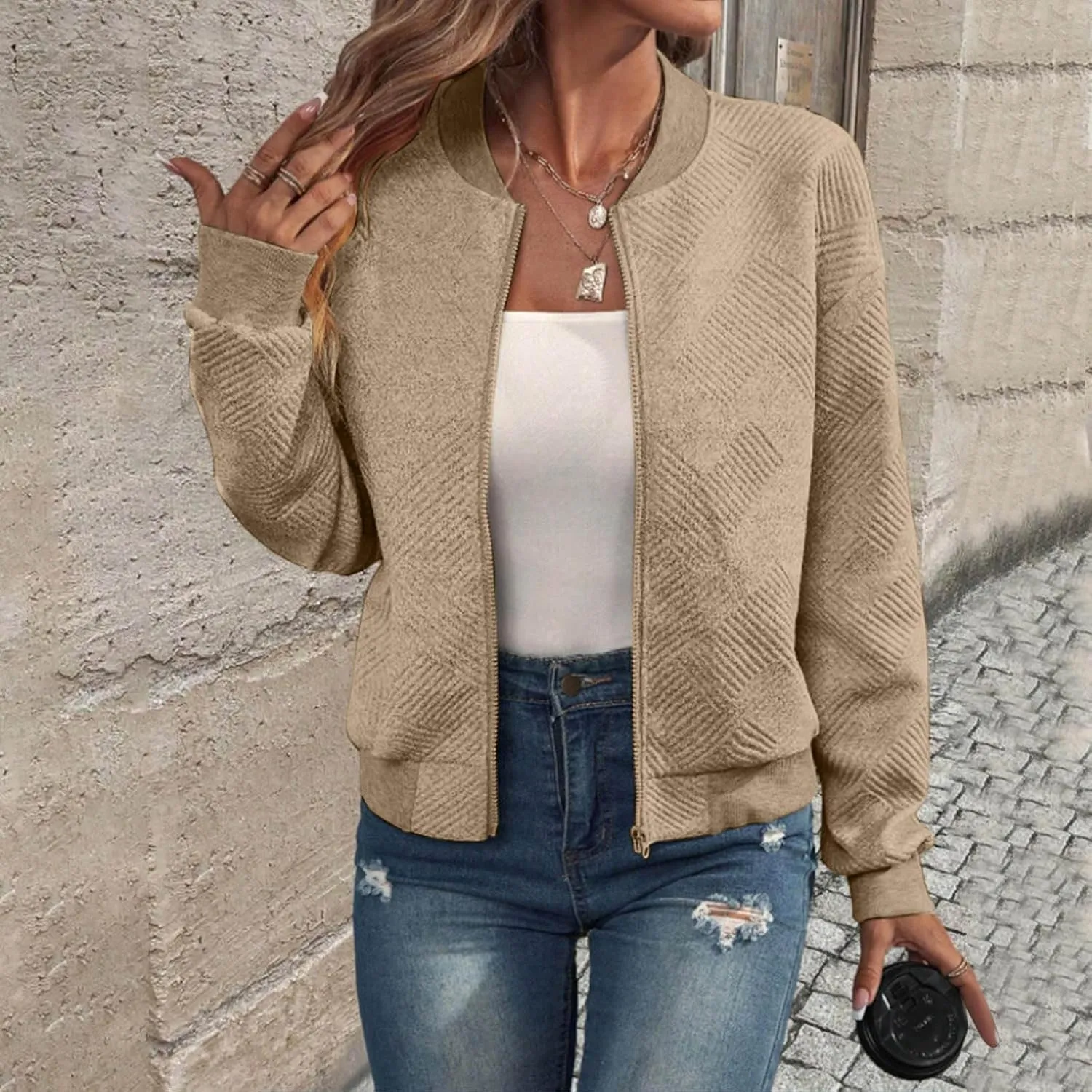 Fleece Jackets for Women Lightweight Full Zip Bomber Jacket Soft Long Sleeve Zip Up Hoodies Crew Neck Sweatshirt