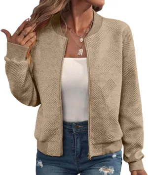 Fleece Jackets for Women Lightweight Full Zip Bomber Jacket Soft Long Sleeve Zip Up Hoodies Crew Neck Sweatshirt