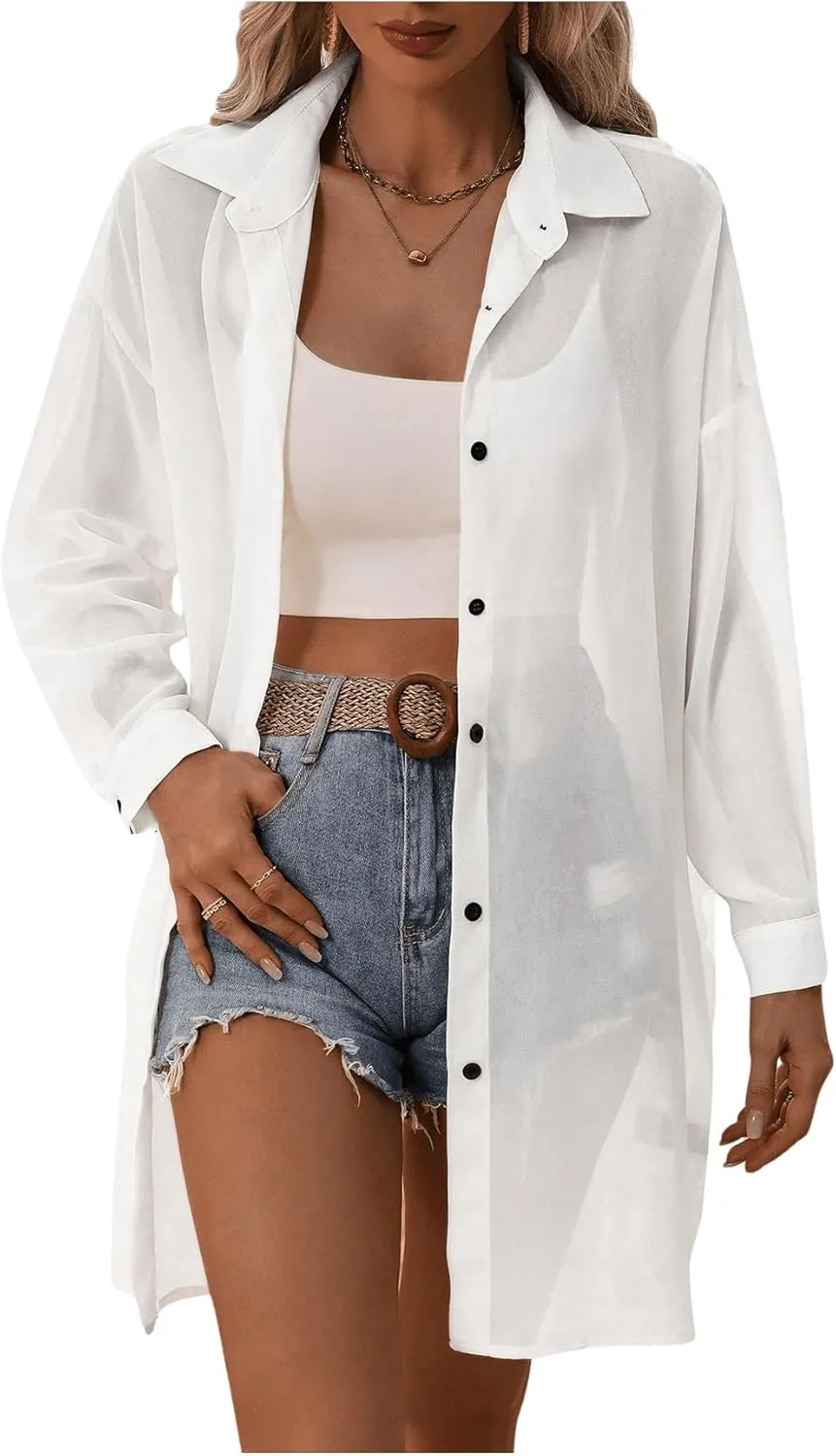 Floerns Women's Sheer Drop Shoulder Blouse Long Sleeve Collar Button Loose Shirts Tops