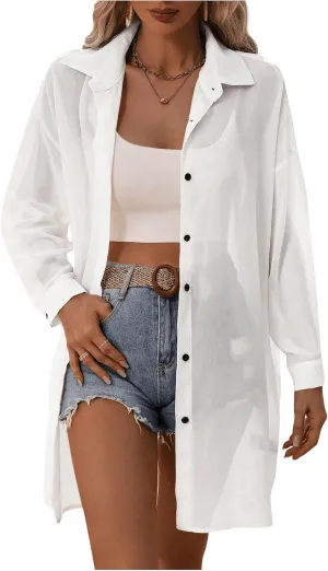 Floerns Women's Sheer Drop Shoulder Blouse Long Sleeve Collar Button Loose Shirts Tops