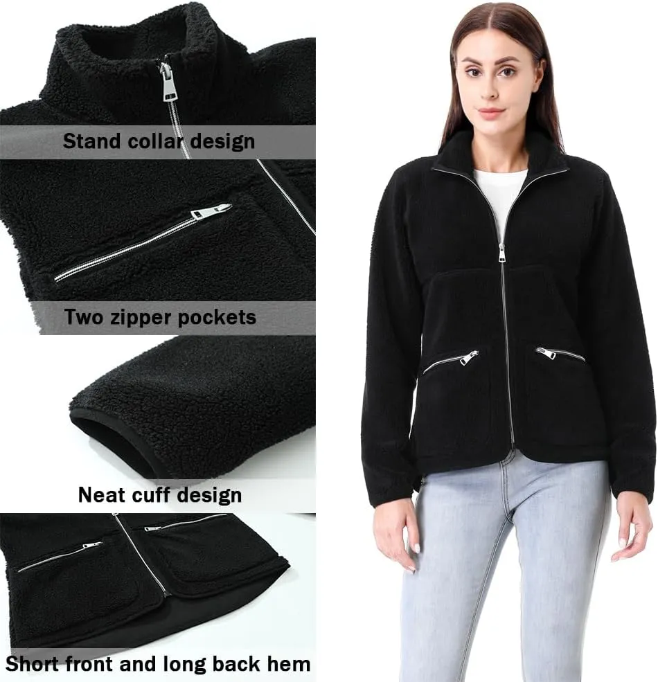 GIMECEN Women's Fuzzy Fleece Jacket Long Sleeve Zip Up Sherpa Coat Soft Polar Outerwear with Zipper Pockets