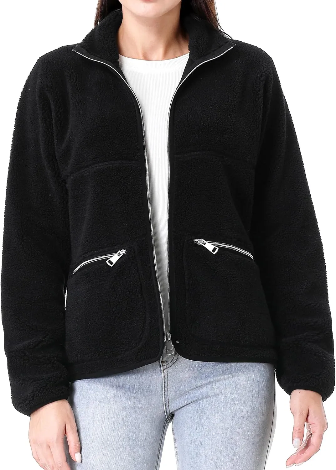 GIMECEN Women's Fuzzy Fleece Jacket Long Sleeve Zip Up Sherpa Coat Soft Polar Outerwear with Zipper Pockets