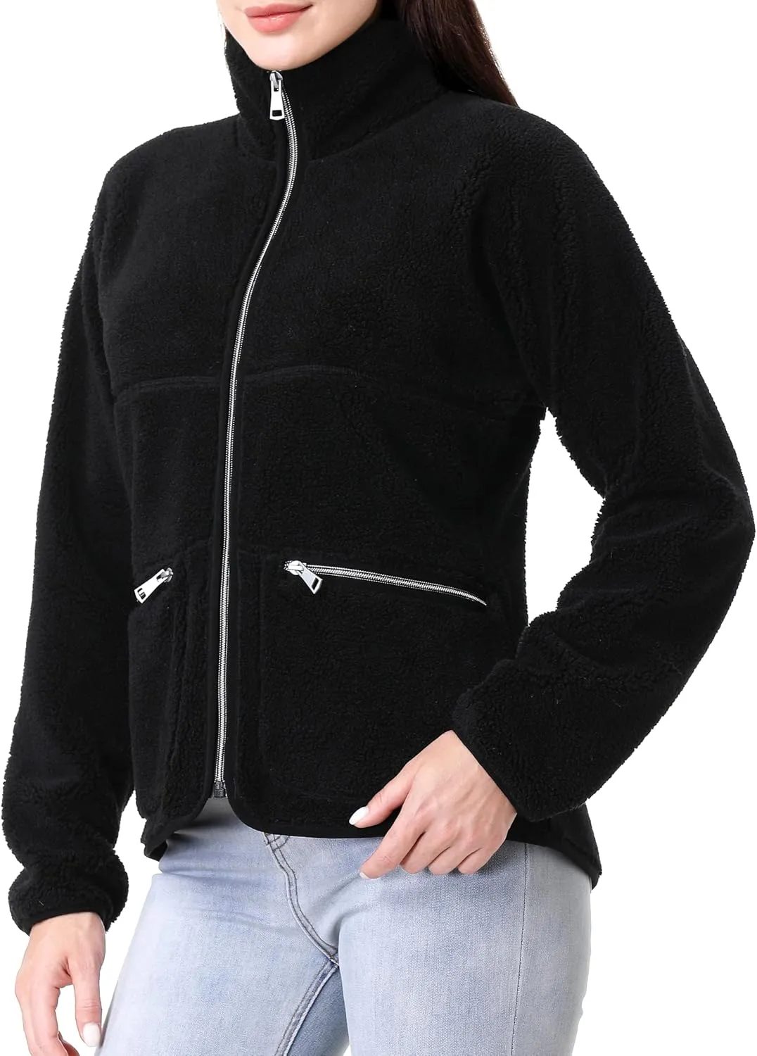 GIMECEN Women's Fuzzy Fleece Jacket Long Sleeve Zip Up Sherpa Coat Soft Polar Outerwear with Zipper Pockets