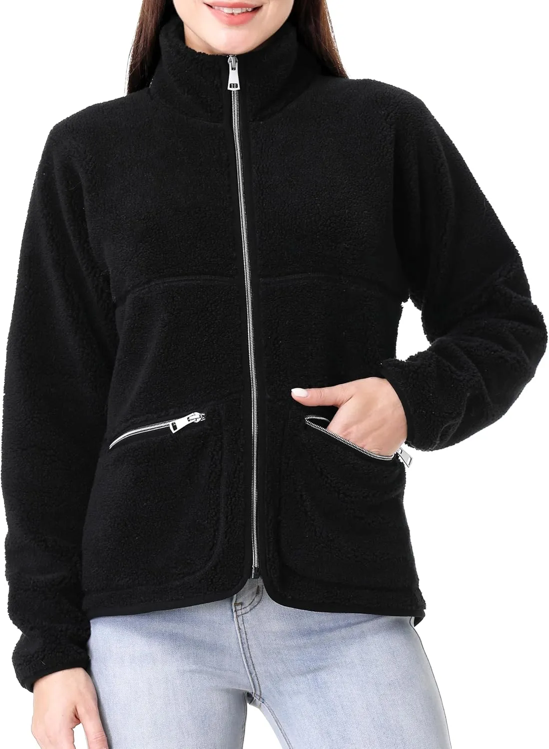 GIMECEN Women's Fuzzy Fleece Jacket Long Sleeve Zip Up Sherpa Coat Soft Polar Outerwear with Zipper Pockets
