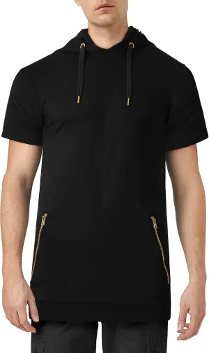 Hat and Beyond Mens Hoodie Hipster Longline Short Sleeve Hooded Sweatshirt Sweater Top