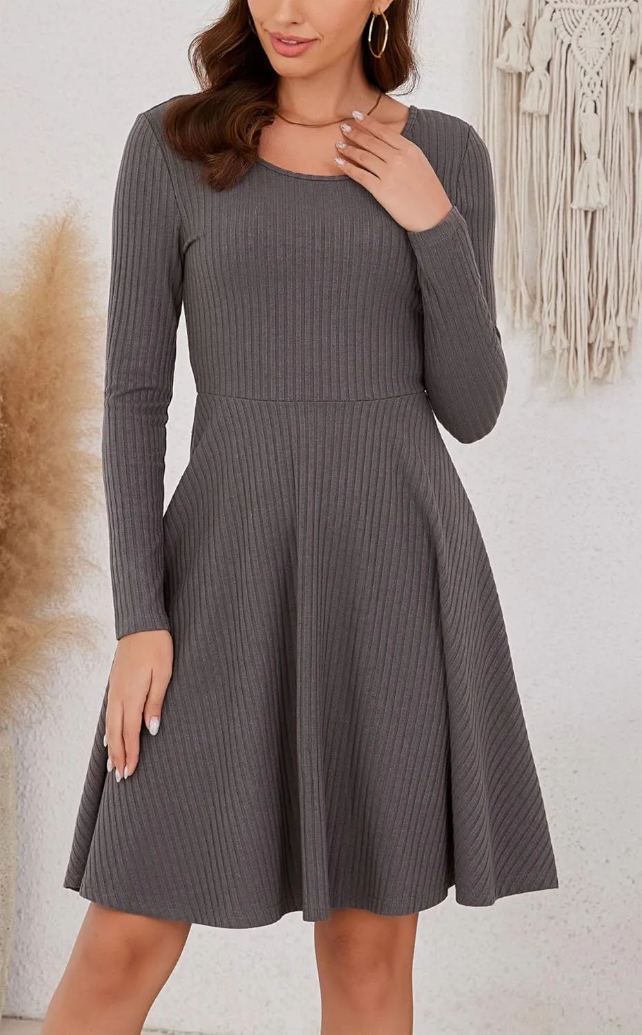 Kormei Womens Fall Knit Round Neck Casual Long Sleeve A Line Flowy Elegant Short Swing Party Dress