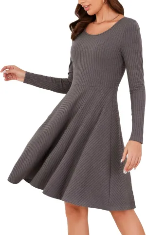 Kormei Womens Fall Knit Round Neck Casual Long Sleeve A Line Flowy Elegant Short Swing Party Dress