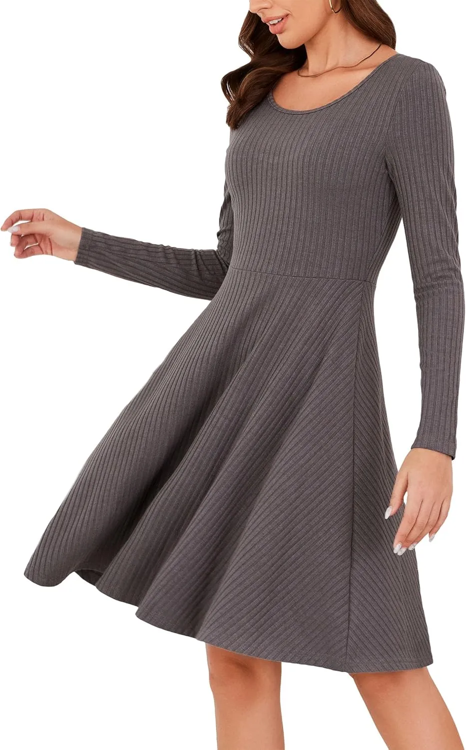 Kormei Womens Fall Knit Round Neck Casual Long Sleeve A Line Flowy Elegant Short Swing Party Dress