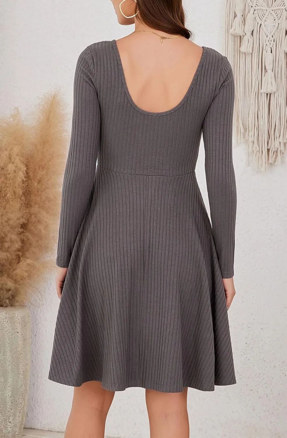 Kormei Womens Fall Knit Round Neck Casual Long Sleeve A Line Flowy Elegant Short Swing Party Dress