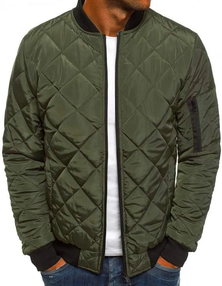Mens Flight Bomber Jacket Diamond Quilted Varsity Jackets Winter Warm Padded Coats Outwear