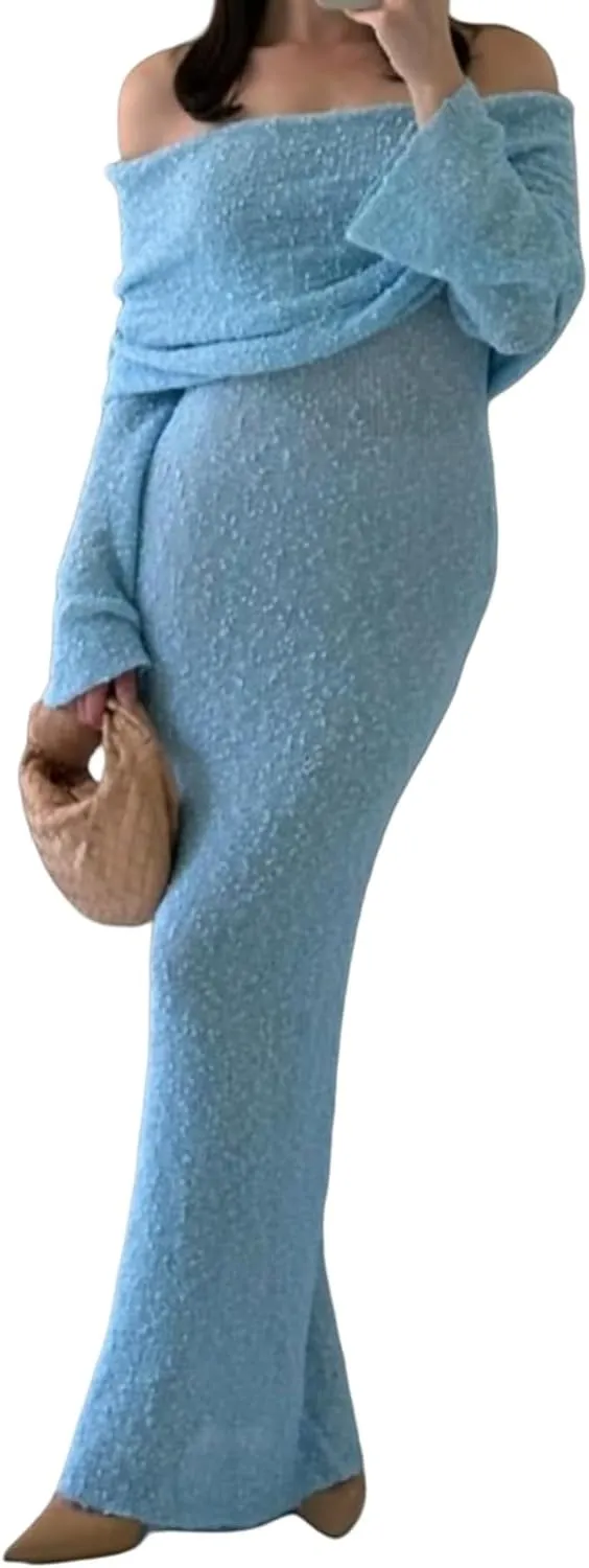 NRTHYE Women's Knit Off Shoulder Crochet Maxi Dress Sexy Mesh Long Sleeve Bodycon Vacation Party Dresses
