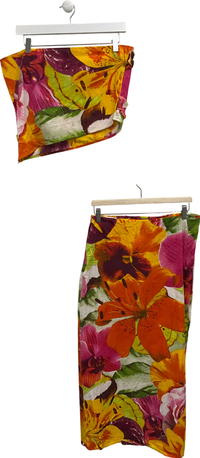 PrettyLittleThing Multicoloured Tropical Floral Longline Bandeau Top And Skirt UK 12