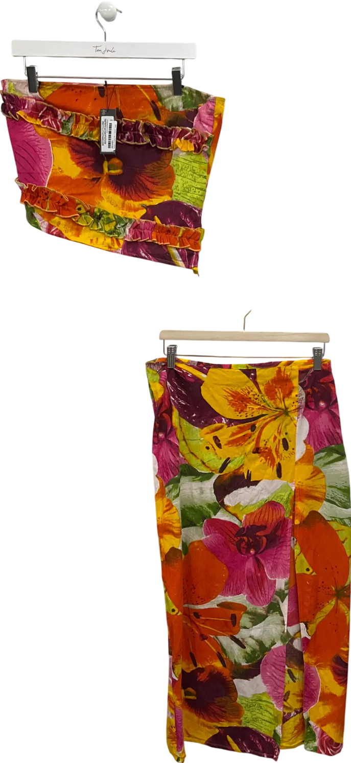 PrettyLittleThing Multicoloured Tropical Floral Longline Bandeau Top And Skirt UK 12