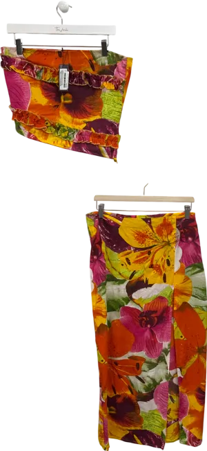 PrettyLittleThing Multicoloured Tropical Floral Longline Bandeau Top And Skirt UK 12