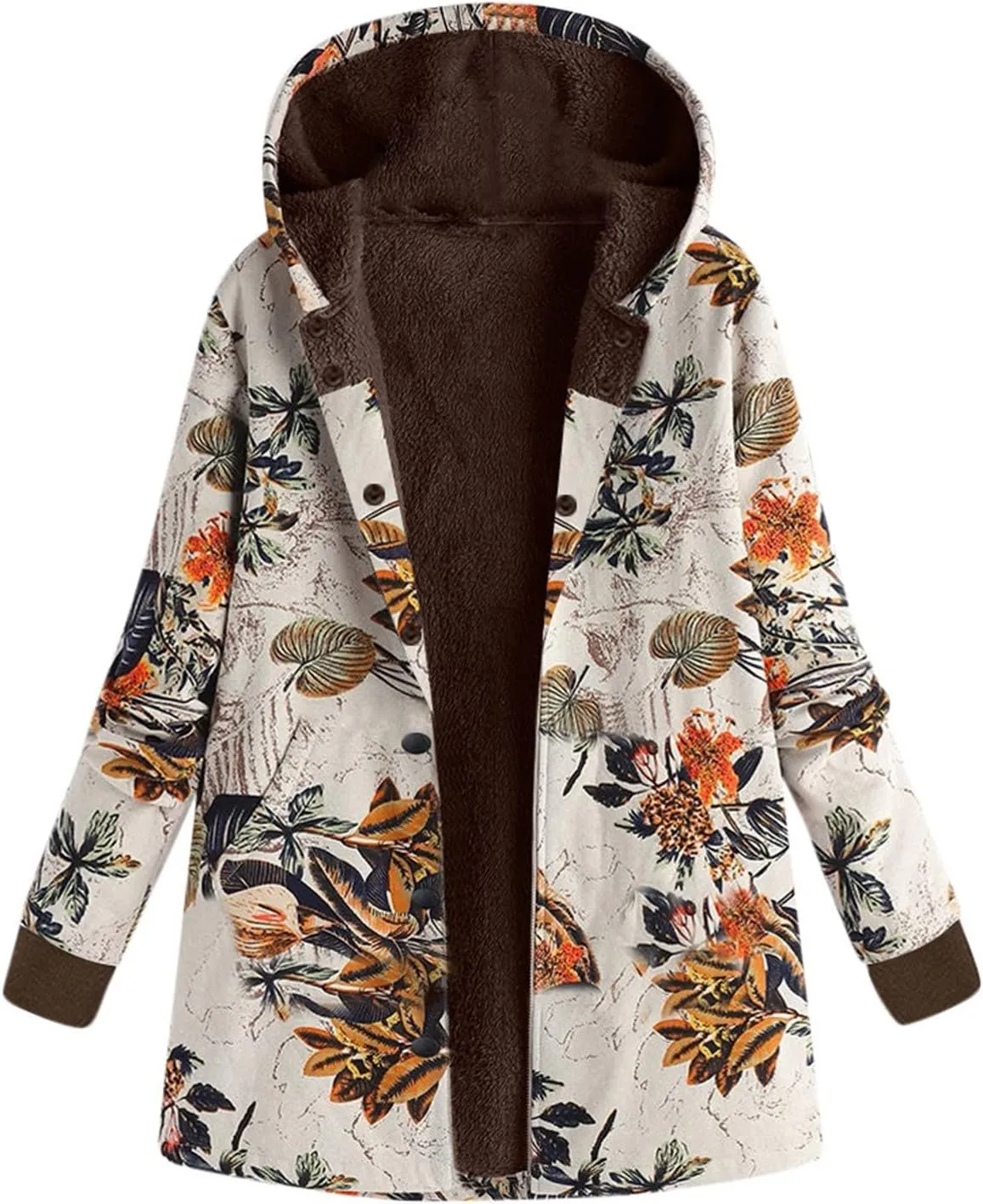 RMXEi Ladies Long Sleeve Zipper Hooded Thick Composite Plush Vintage Flower Print Plus Size Hooded Jacket