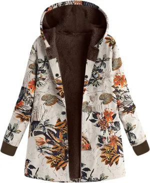 RMXEi Ladies Long Sleeve Zipper Hooded Thick Composite Plush Vintage Flower Print Plus Size Hooded Jacket