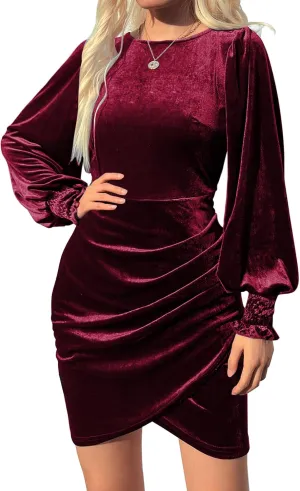 Sexy Velvet Puff Long Sleeve Bodycon Elegant Mini Ruched Cocktail Party Formal Prom Dress