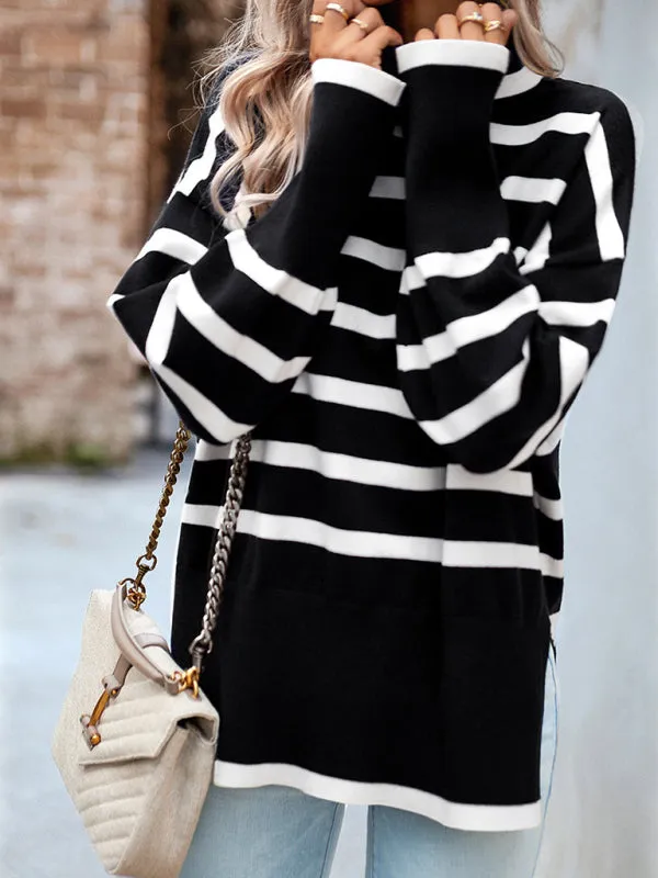 Slouchy Striped Drop Shoulder Turtleneck Sweater