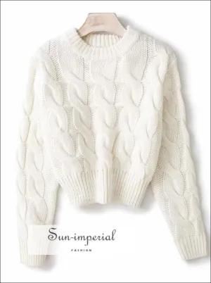 Women Solid White Chunky Knit Crop Jumper Crew Neck Cropped Knit top