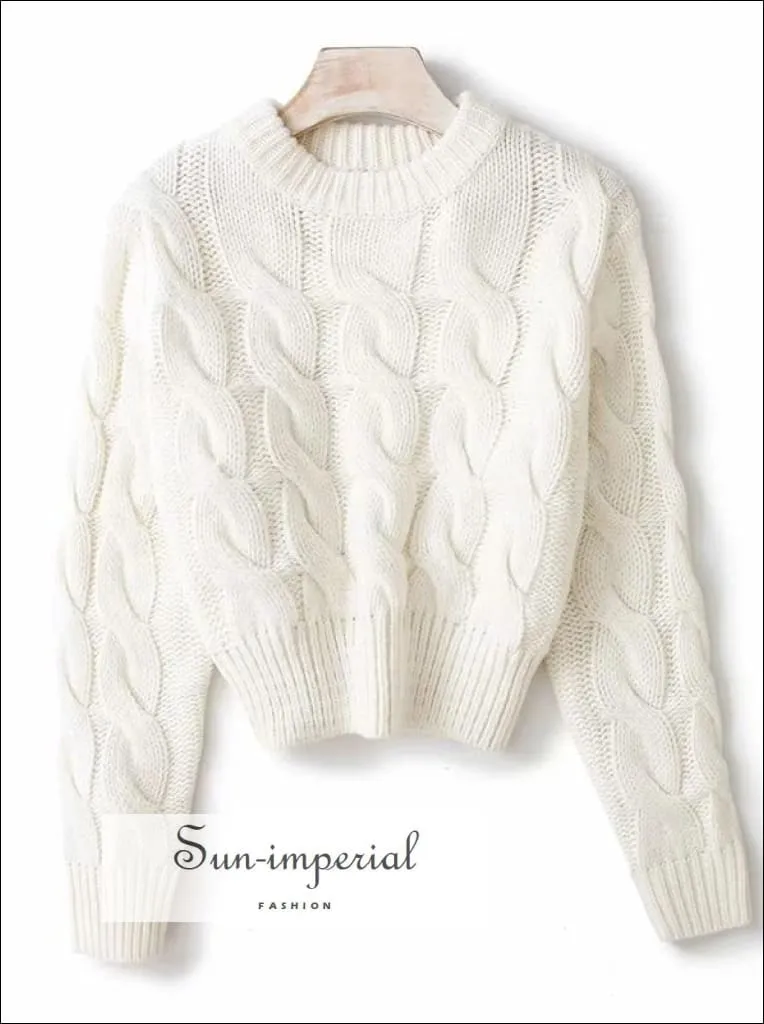Women Solid White Chunky Knit Crop Jumper Crew Neck Cropped Knit top