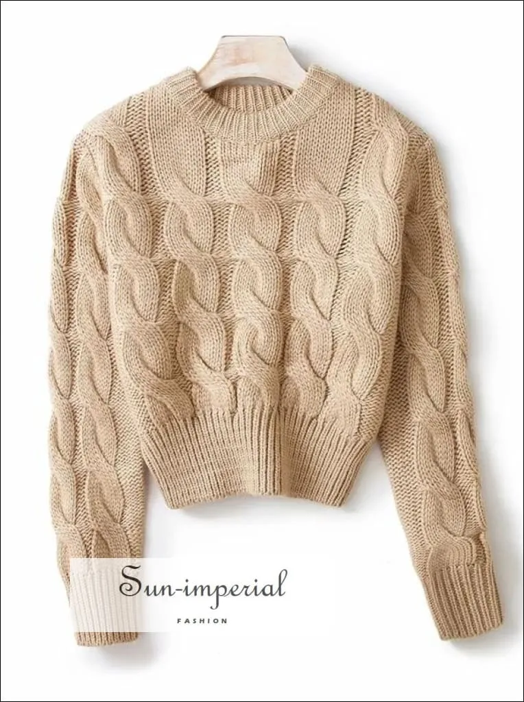 Women Solid White Chunky Knit Crop Jumper Crew Neck Cropped Knit top