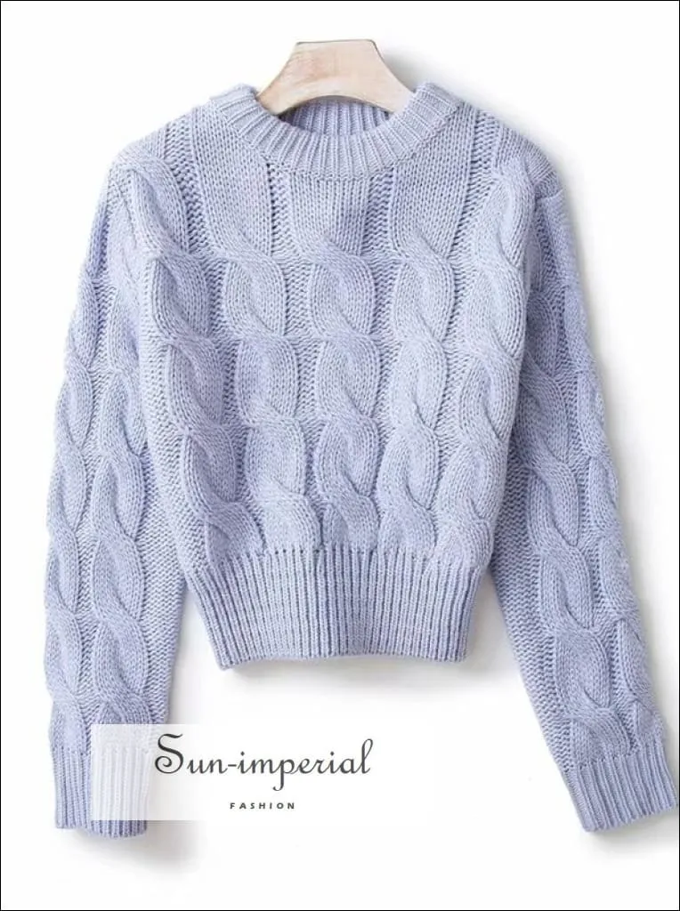 Women Solid White Chunky Knit Crop Jumper Crew Neck Cropped Knit top