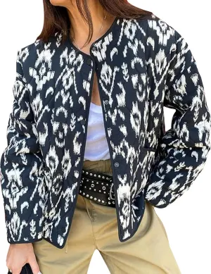 Women's Cropped Puffer Jacket Floral Print Lightweight Padded Coat Puffy Button Down Cardigan Short Outerwear