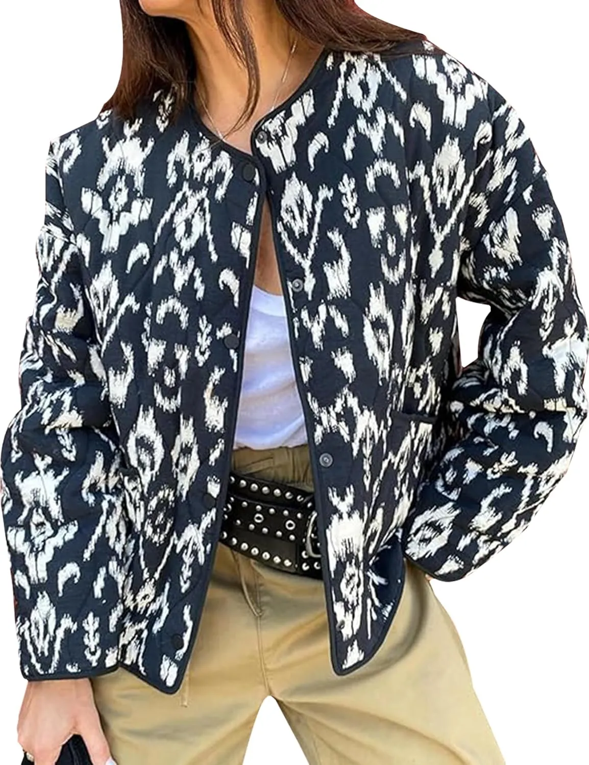 Women's Cropped Puffer Jacket Floral Print Lightweight Padded Coat Puffy Button Down Cardigan Short Outerwear