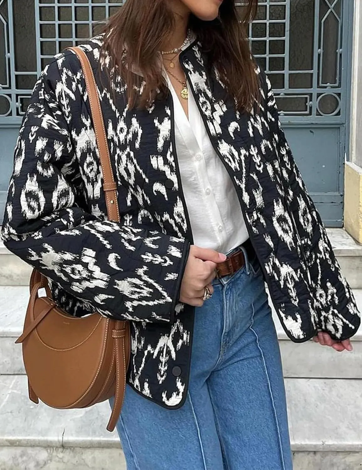 Women's Cropped Puffer Jacket Floral Print Lightweight Padded Coat Puffy Button Down Cardigan Short Outerwear