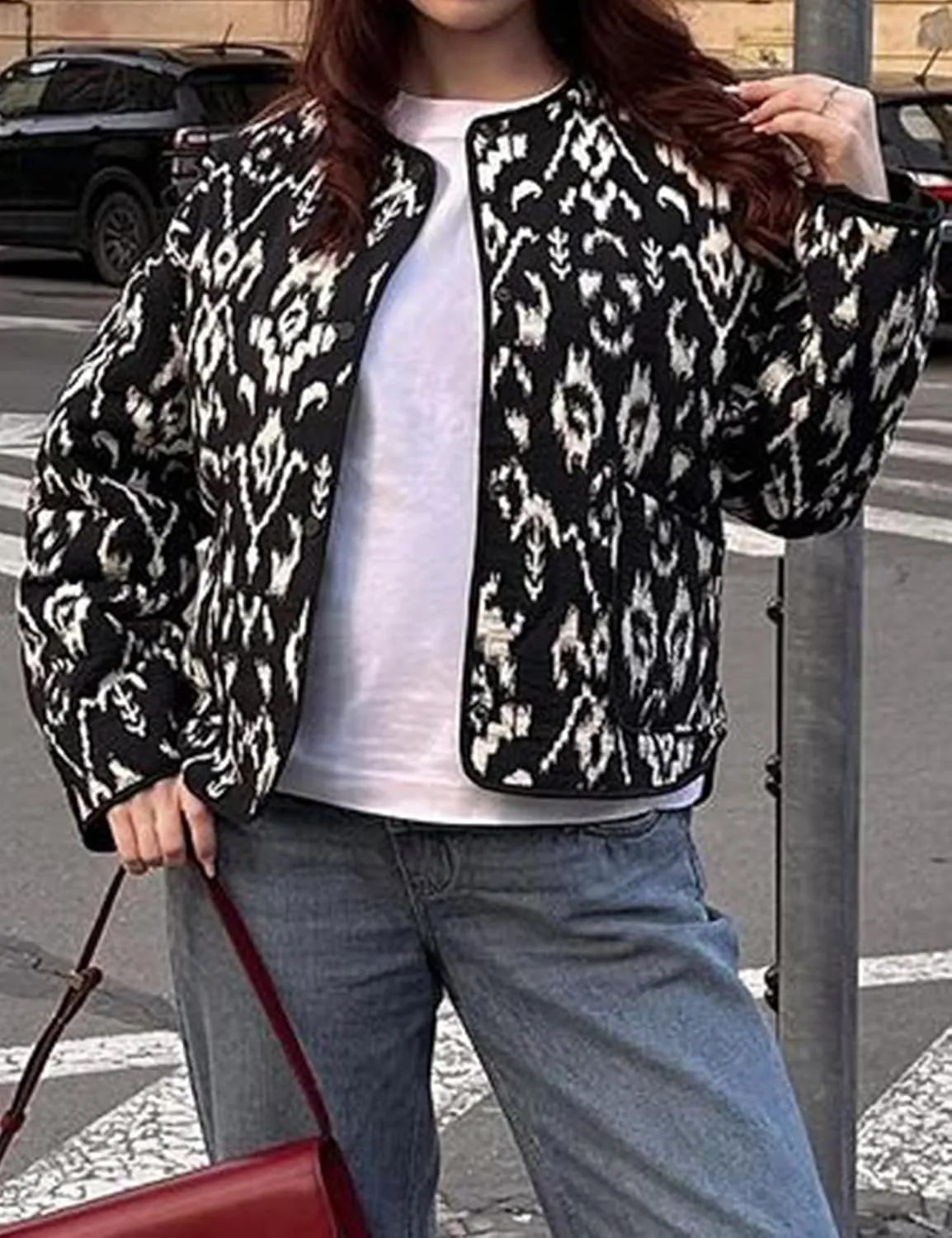 Women's Cropped Puffer Jacket Floral Print Lightweight Padded Coat Puffy Button Down Cardigan Short Outerwear