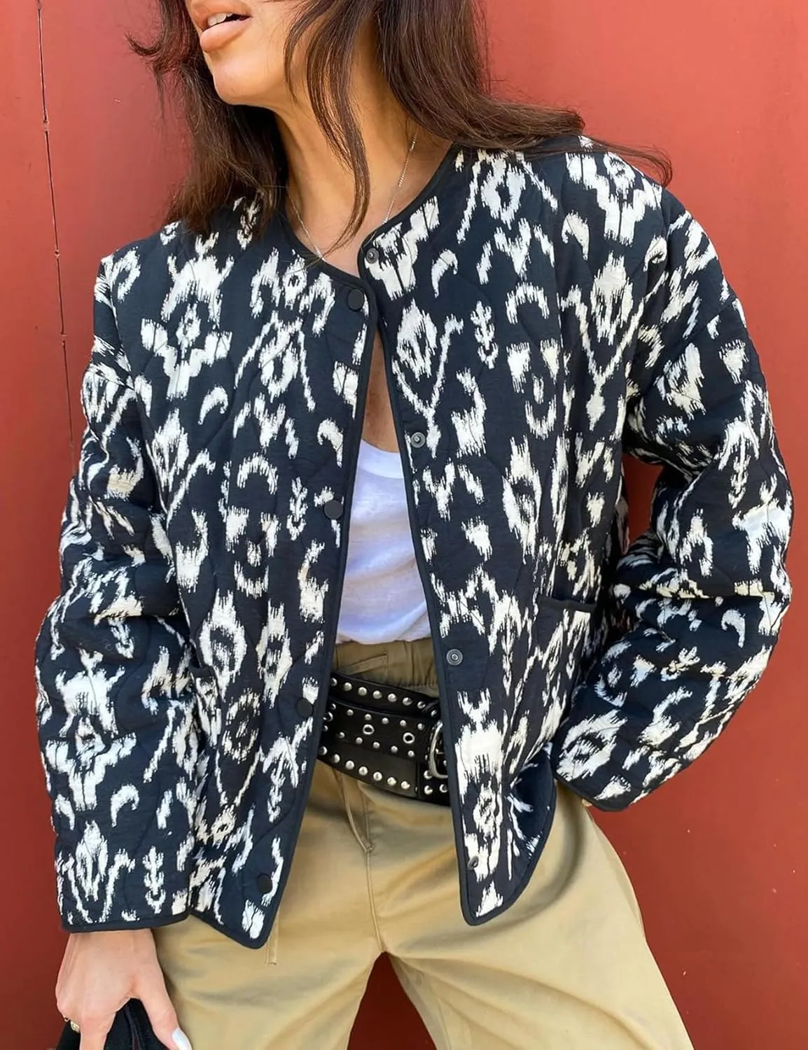 Women's Cropped Puffer Jacket Floral Print Lightweight Padded Coat Puffy Button Down Cardigan Short Outerwear