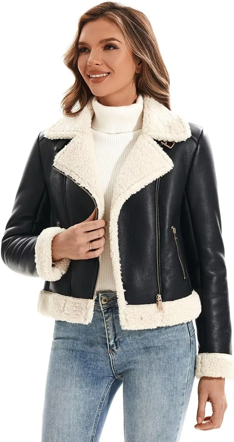 Women's Faux Shearing Moto Jacket Thick Fur Lined Coat Sherpa Leather Jacket