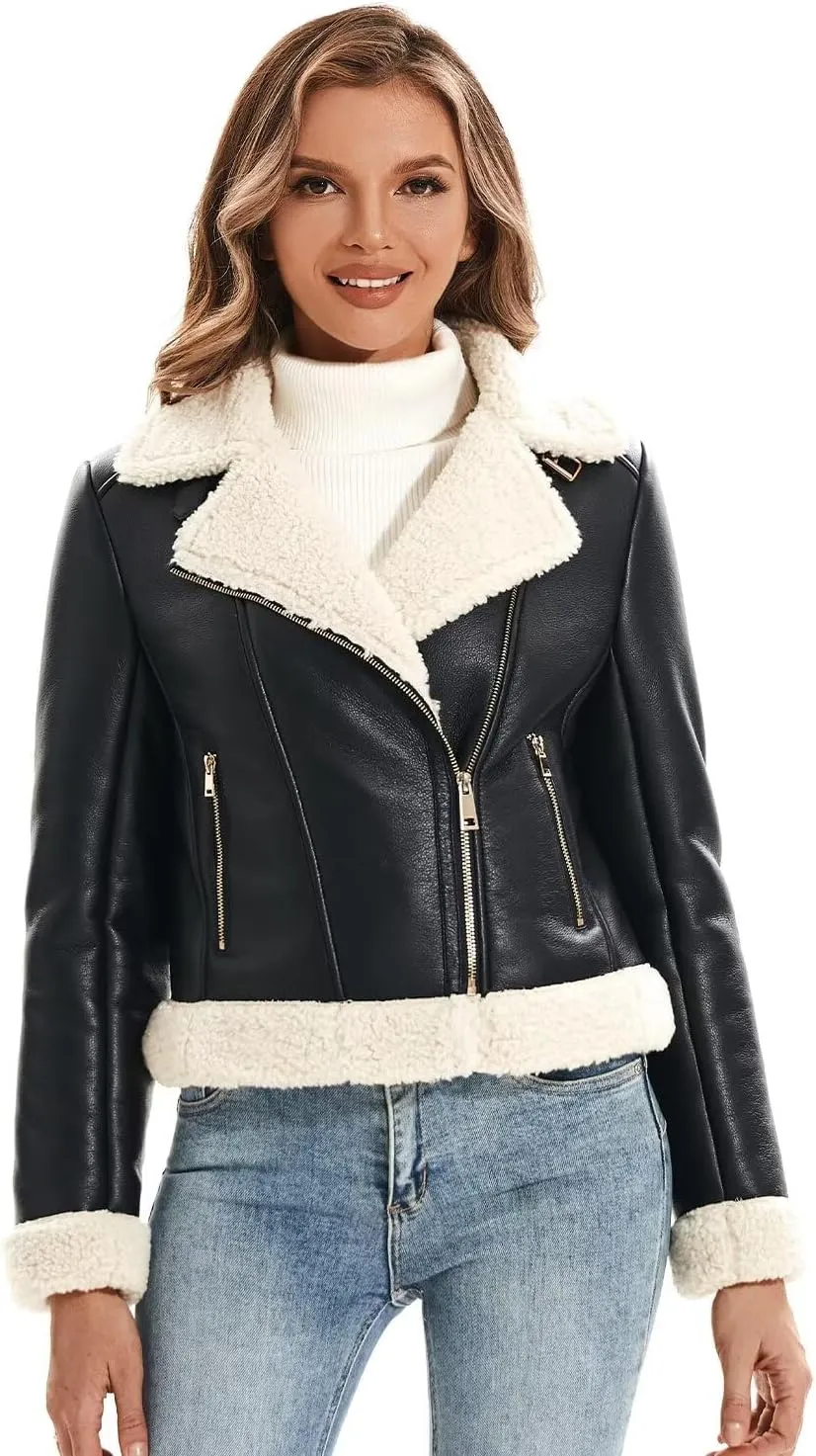 Women's Faux Shearing Moto Jacket Thick Fur Lined Coat Sherpa Leather Jacket