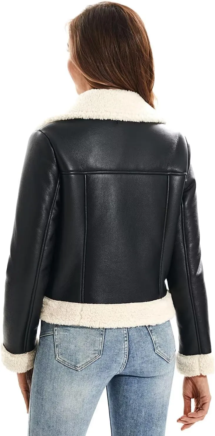 Women's Faux Shearing Moto Jacket Thick Fur Lined Coat Sherpa Leather Jacket