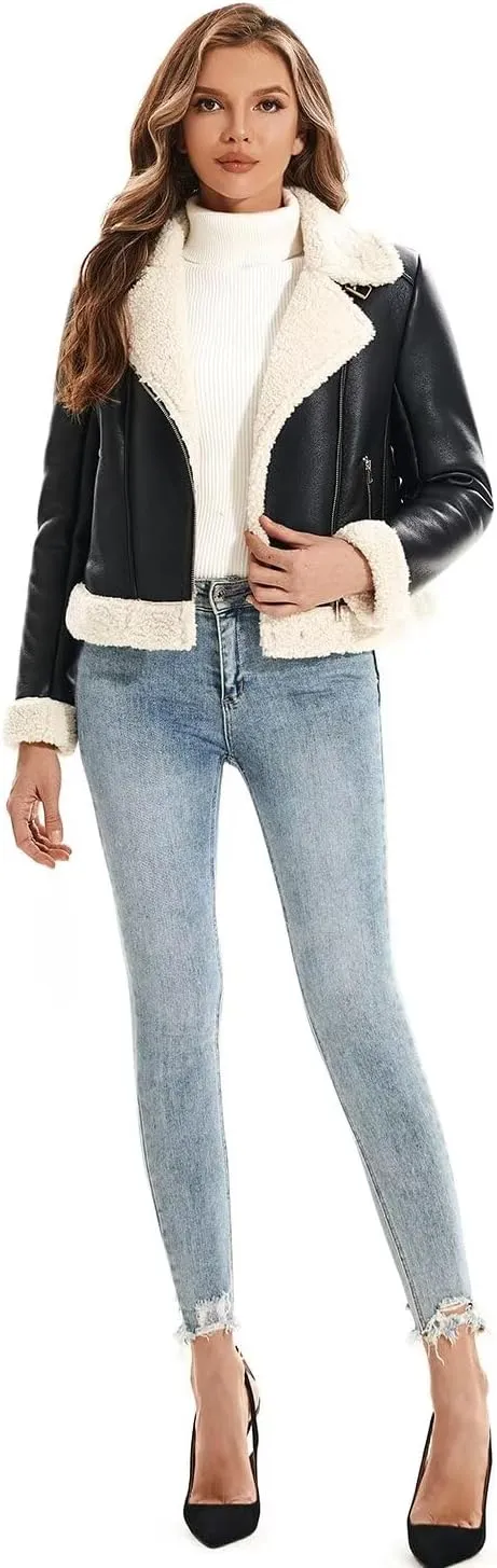 Women's Faux Shearing Moto Jacket Thick Fur Lined Coat Sherpa Leather Jacket