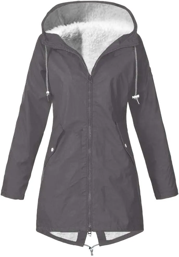 Womens Graceful Zipper Thick Overcoat Long Sleeve Hooded Fleece Coat Warm Casual Soft Raincoat Outdoor Winter Outfits