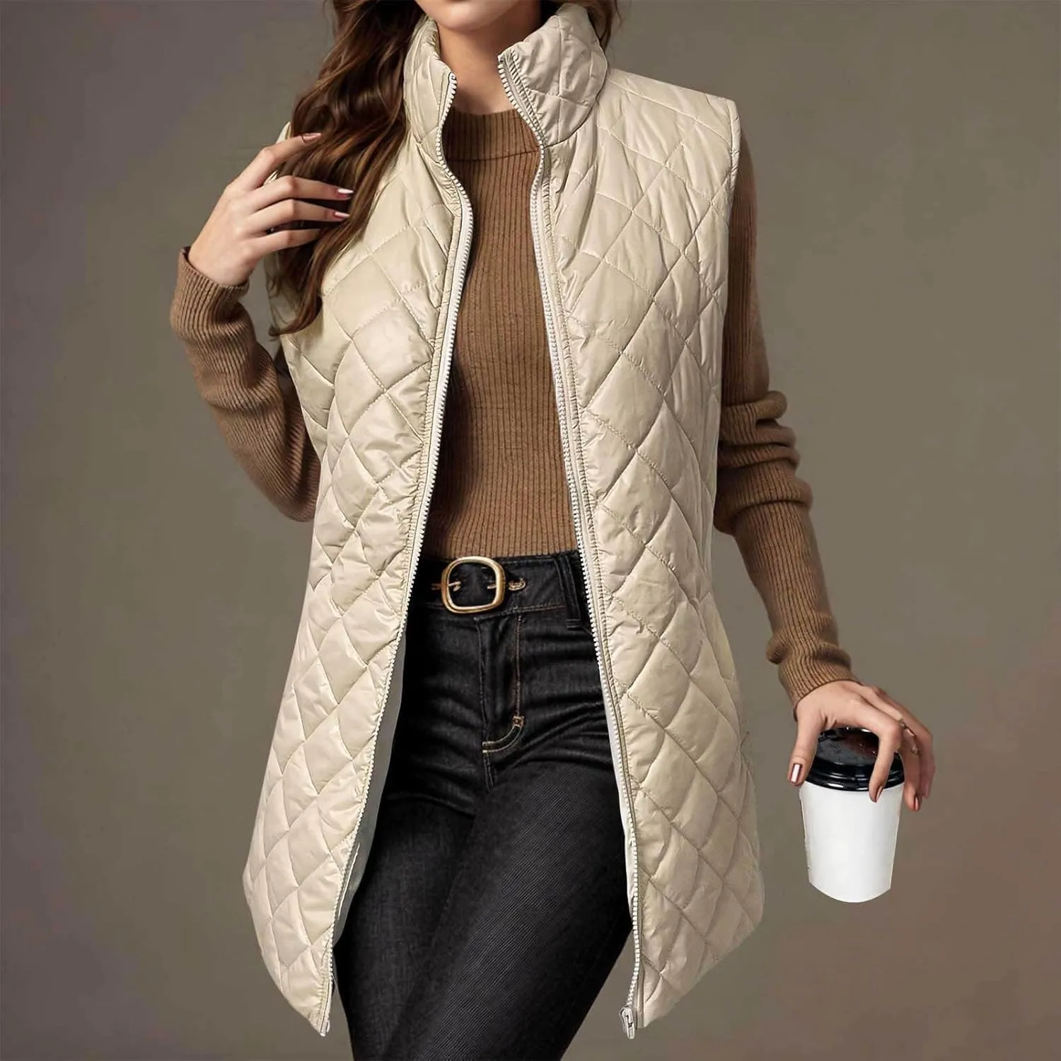 Womens Long Puffer Vest 2024 Sleeveless Zip Up Vest Long Winter Vest Quilted Down Coat Lightweight Trendy Vest Jacket