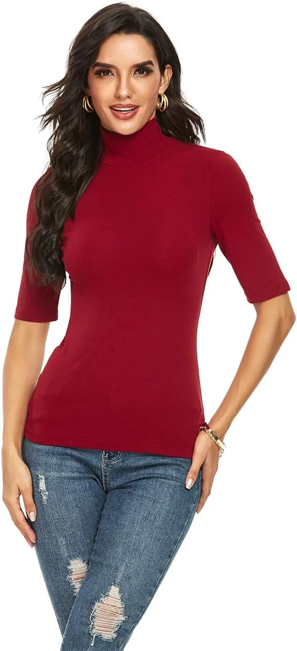 Womens Short Sleeve Mock Turtleneck Business Casual Tops Slim Fitted Plain Tee Shirts Size S-XL