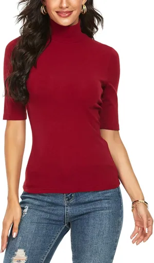 Womens Short Sleeve Mock Turtleneck Business Casual Tops Slim Fitted Plain Tee Shirts Size S-XL