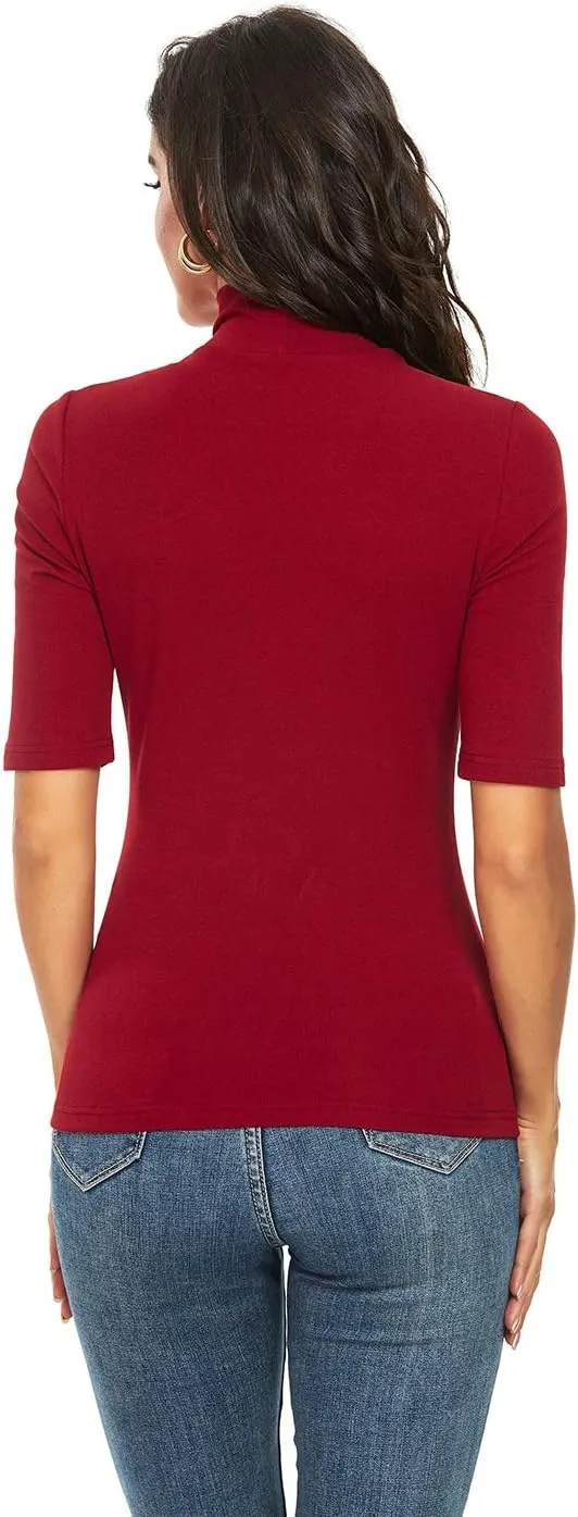 Womens Short Sleeve Mock Turtleneck Business Casual Tops Slim Fitted Plain Tee Shirts Size S-XL