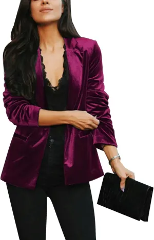 Women's Velvet Suit Blazer Jacket Casual Office Work Long Sleeve Button Pockets Tailored Jacket Coat Blazer