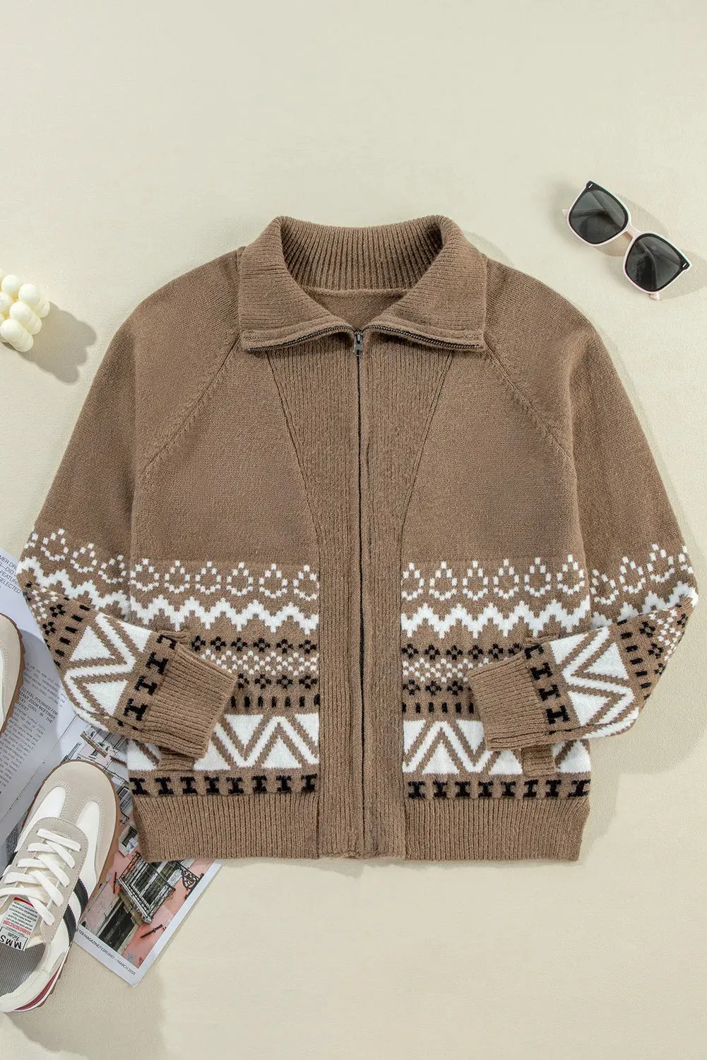 Zip Up Long Sleeve Geometric Cardigan